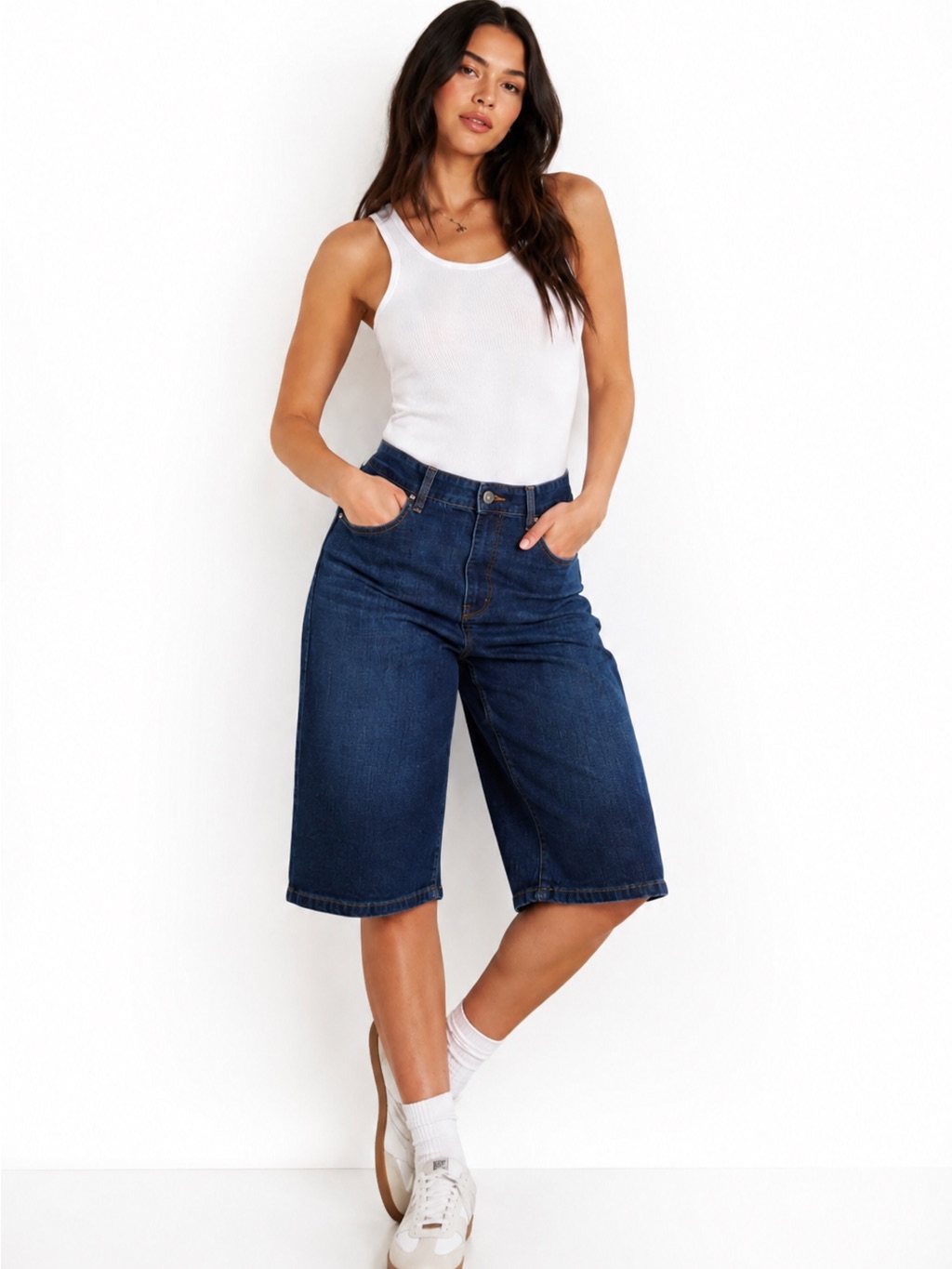 Time And Tru Dark Wash Denim Bermuda Shorts Wide Leg Size S 4-6